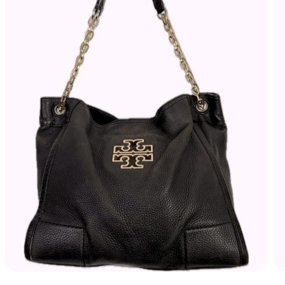 🛑Coming Tory Burch Black Leather Shoulder Bag with Gold Logo / Chain Pre- Owned
